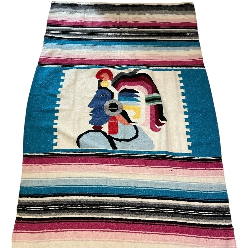 Vintage Hand Woven Mexican Aztec Indian Mayan King Blanket Rug Fringe 80”x 47”